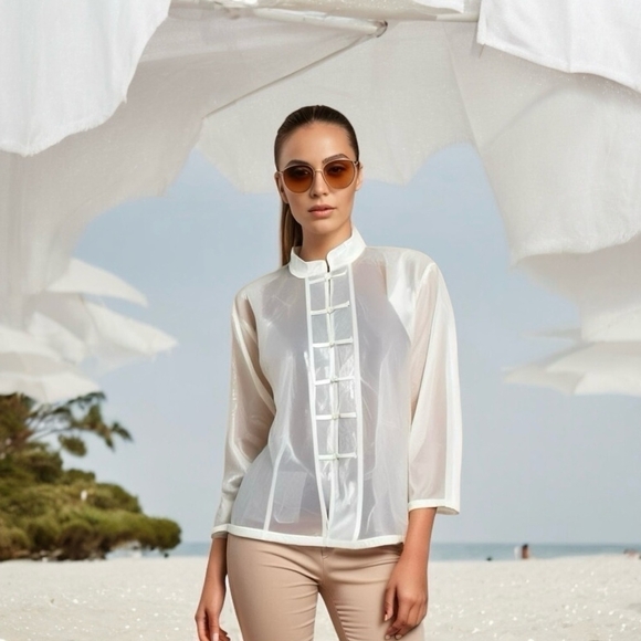 Women’s Shirt Mandarin Long Sleeve Blouse White Organza Sheer Button Front Shirt - Picture 1 of 6